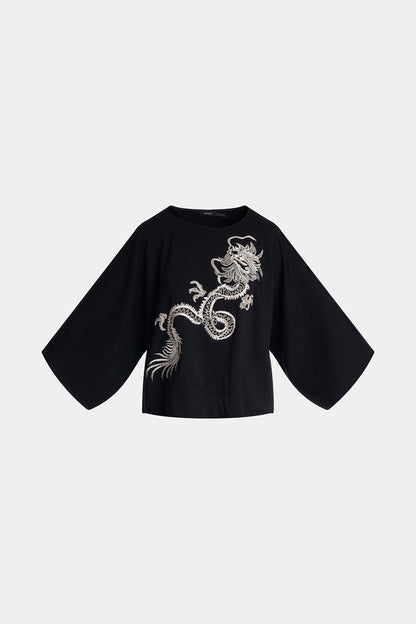 Cocoon Brushed French Terry Dragon Embroidered Kimono Top Black