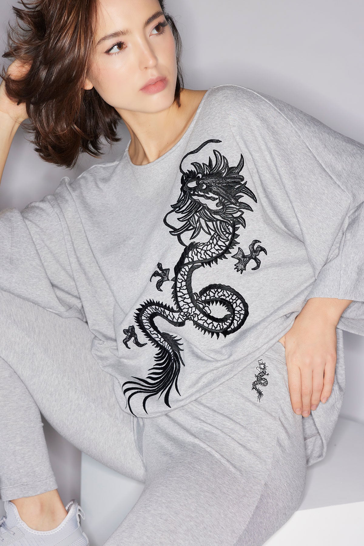 Cocoon Brushed French Terry Dragon Embroidered Kimono Top Ht. Grey