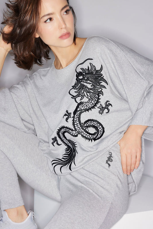 Cocoon Brushed French Terry Dragon Embroidered Kimono Top Ht. Grey