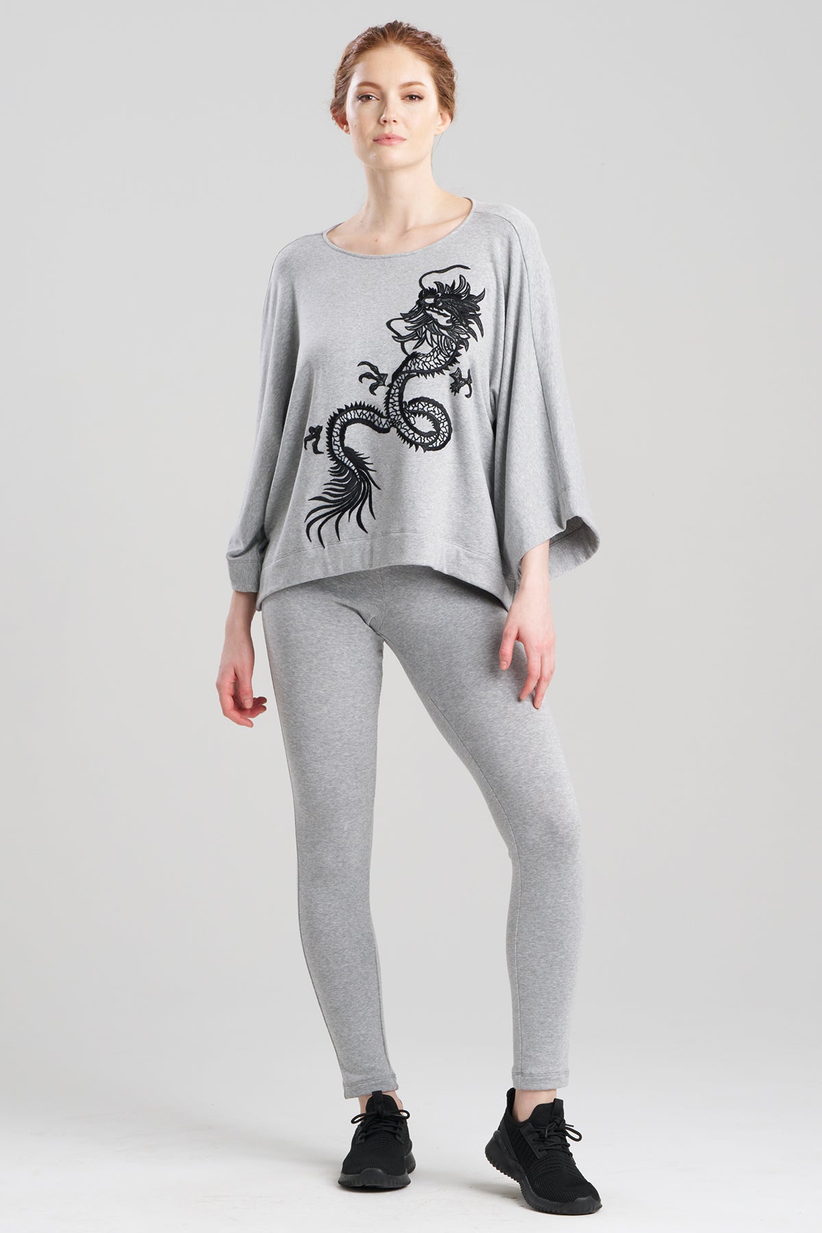 Cocoon Brushed French Terry Dragon Embroidered Kimono Top Ht. Grey