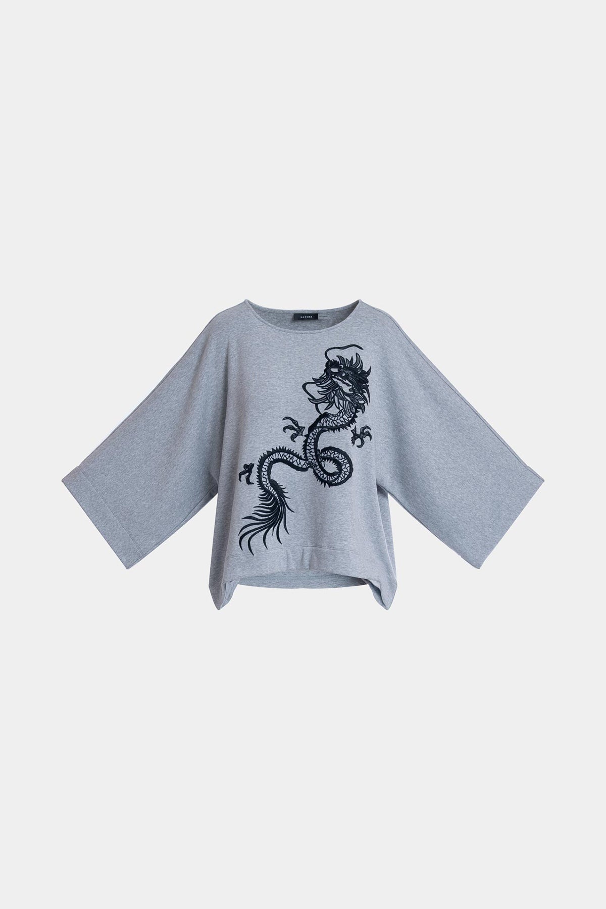 Cocoon Brushed French Terry Dragon Embroidered Kimono Top Ht. Grey