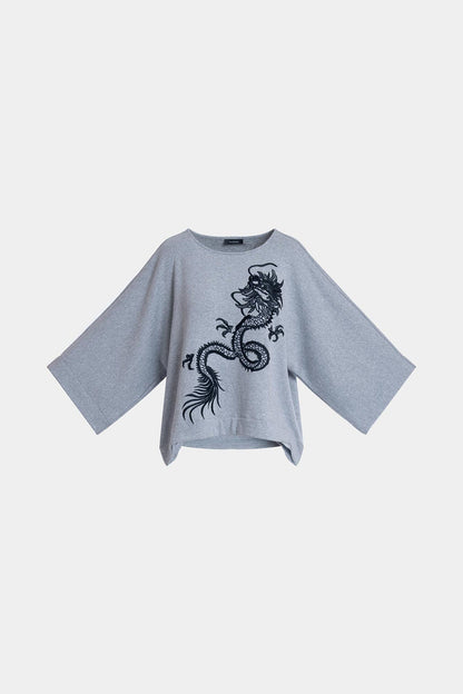 Cocoon Brushed French Terry Dragon Embroidered Kimono Top Ht. Grey