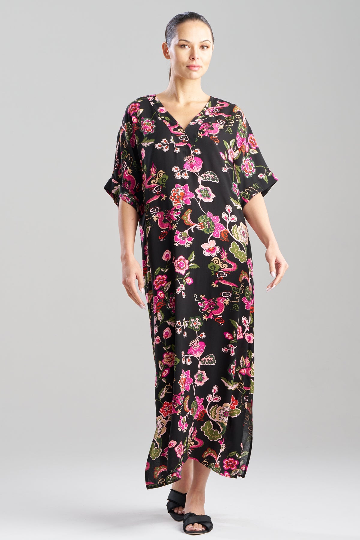 Fleur Dragon Printed Challis Dolman Caftan Fleur Dragon Black