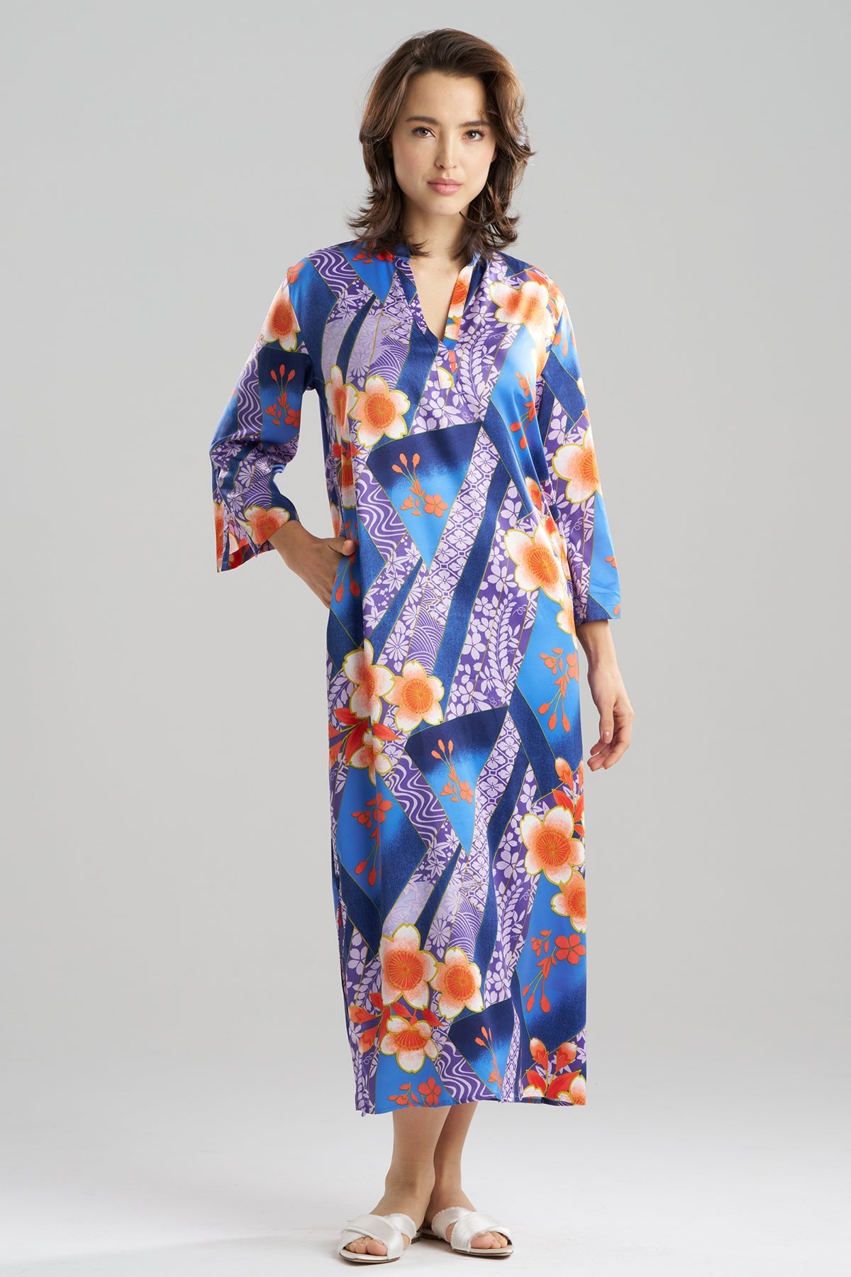 Magnolia Printed Satin Mandarin Caftan Blueberry