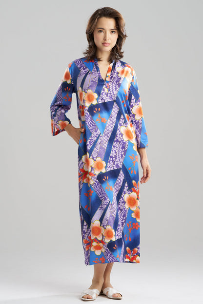 Magnolia Printed Satin Mandarin Caftan Blueberry