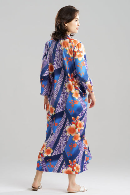 Magnolia Printed Satin Mandarin Caftan Blueberry