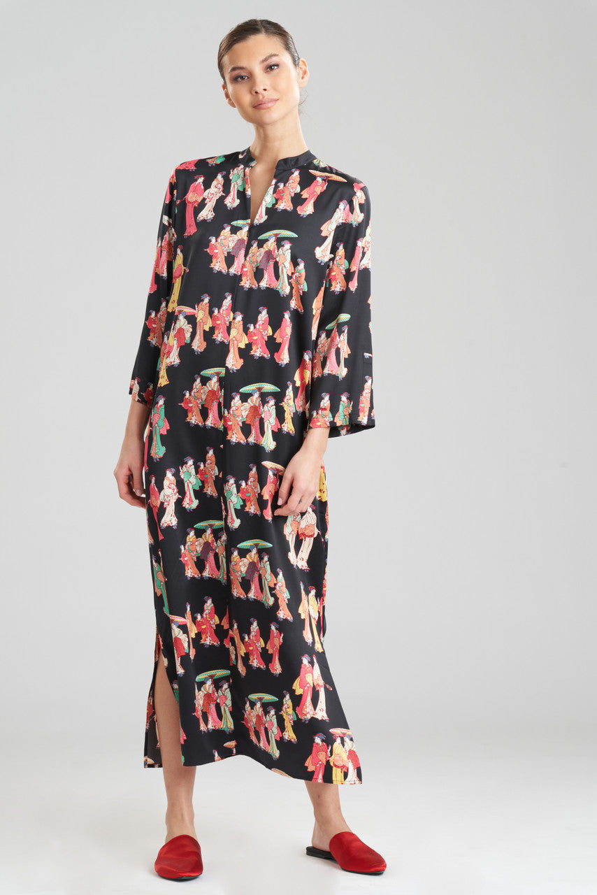 Buy Geisha-Printed Satin Caftan in Black Multi Online Black Multi