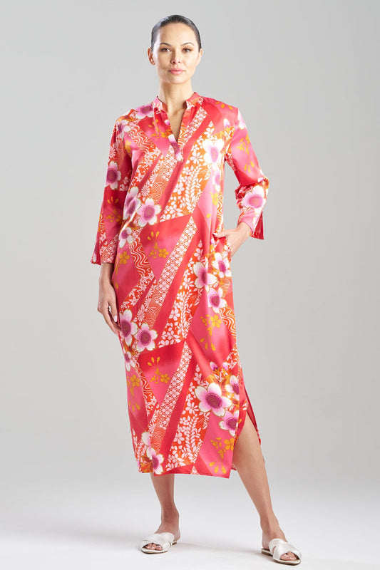 Magnolia Printed Satin Mandarin Caftan Deep Rasberry