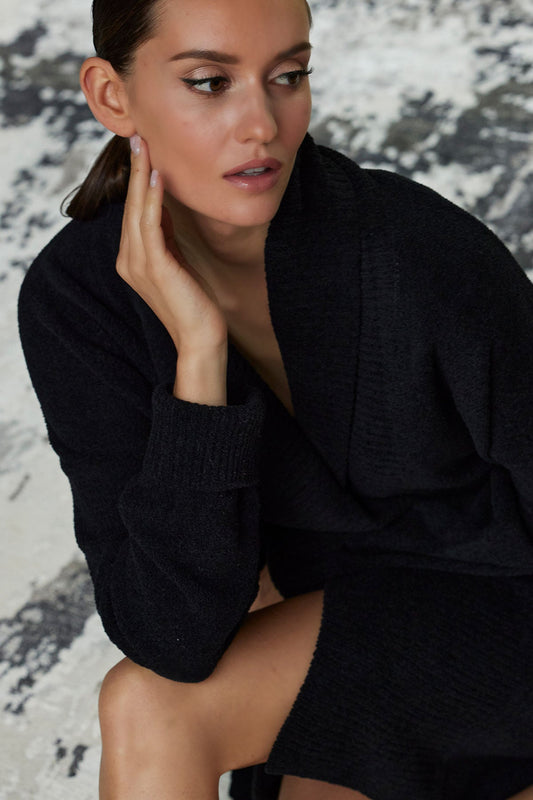 Buy Aura Solid Chenille Cardigan in Black Online Black