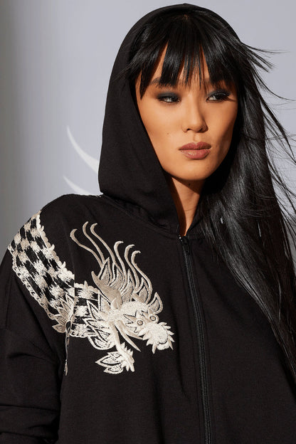 Buy Cocoon Dragon Embroidered Hoodie in Black Online Black