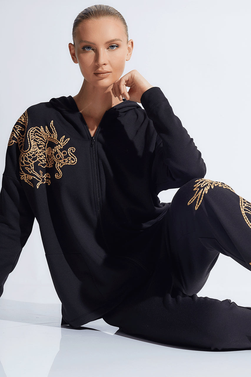 Buy Cocoon Embroidered Dragon Hoodie in Black Online Black