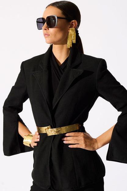 Stretch Basketweave Cotton Slit Cuffed Jacket Black