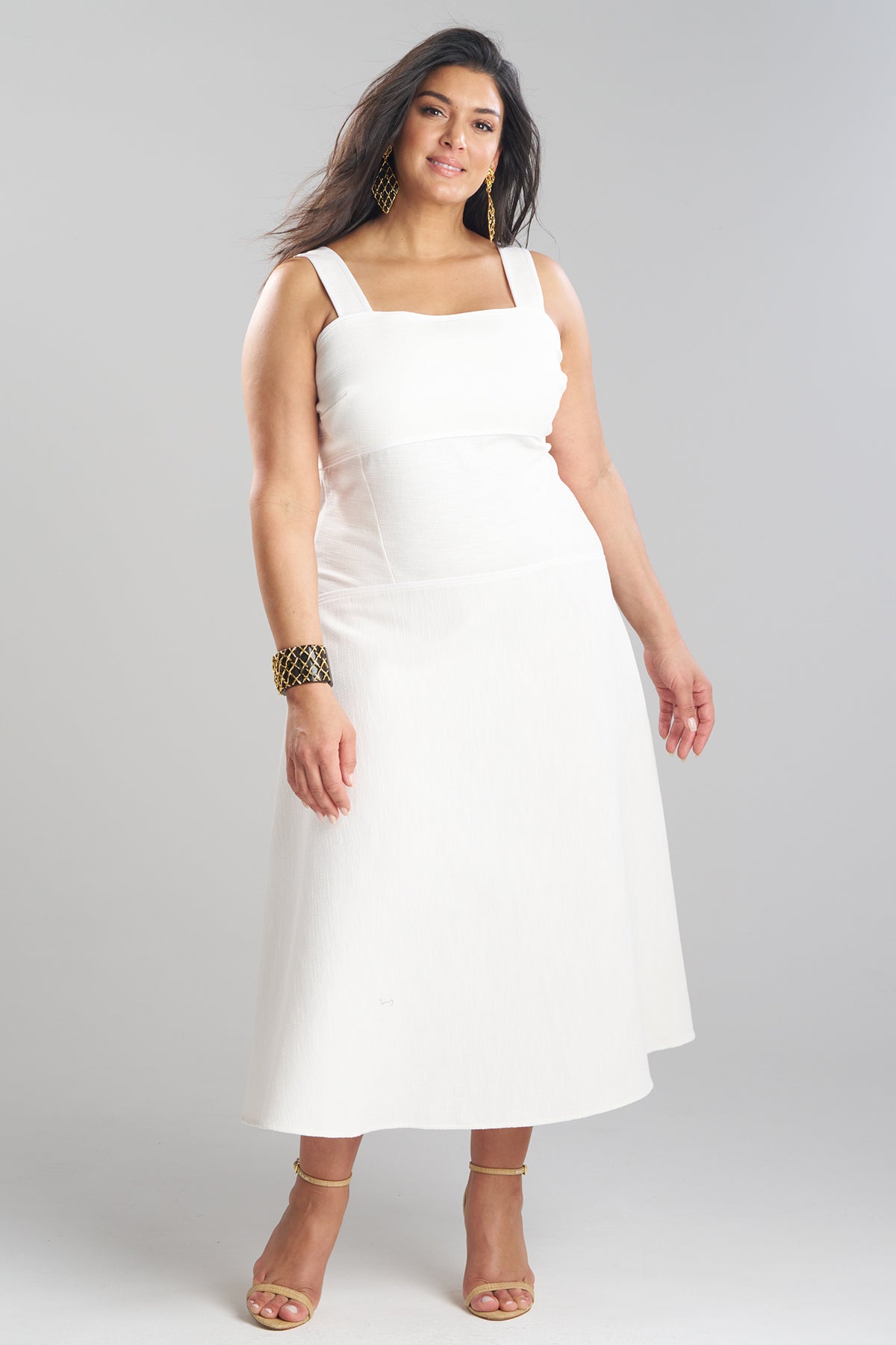 Stretch Basketweave Cotton Sundress Warm White