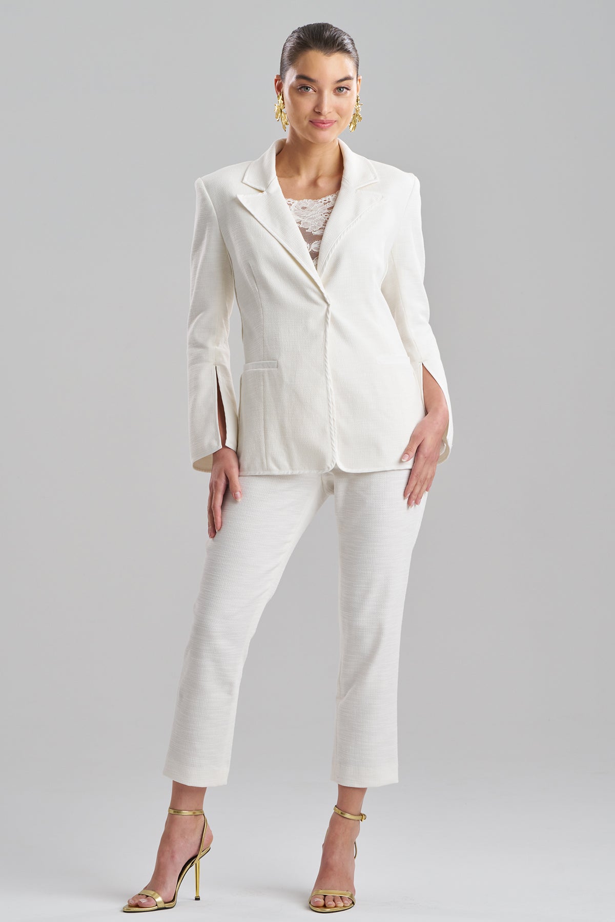 Stretch Basketweave Cotton Slit Cuffed Jacket Warm White