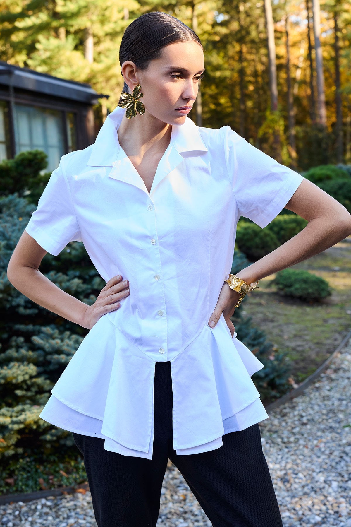 Cotton Poplin Tiered Hem Short Sleeve Shirt White
