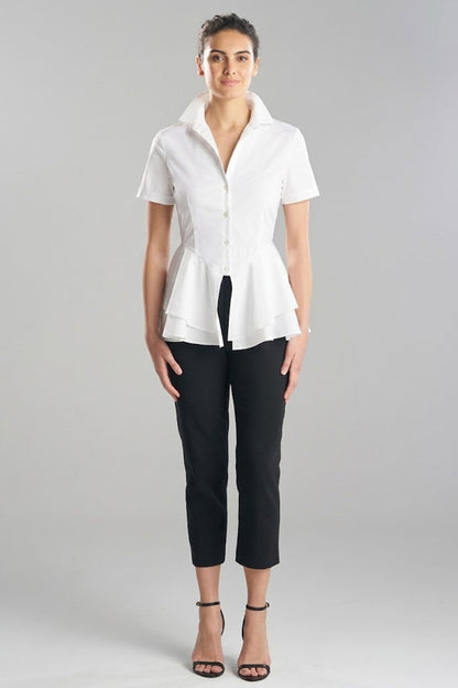 Cotton Poplin Tiered Hem Short Sleeve Shirt White