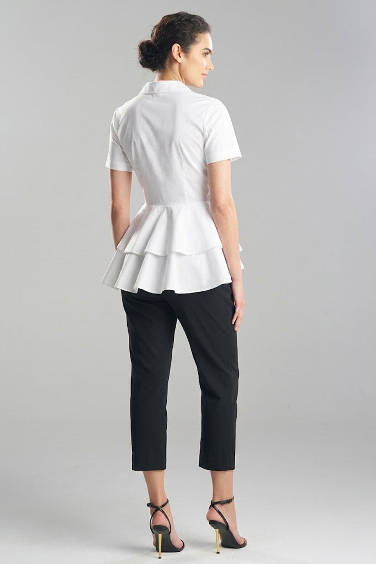 Cotton Poplin Tiered Hem Short Sleeve Shirt White