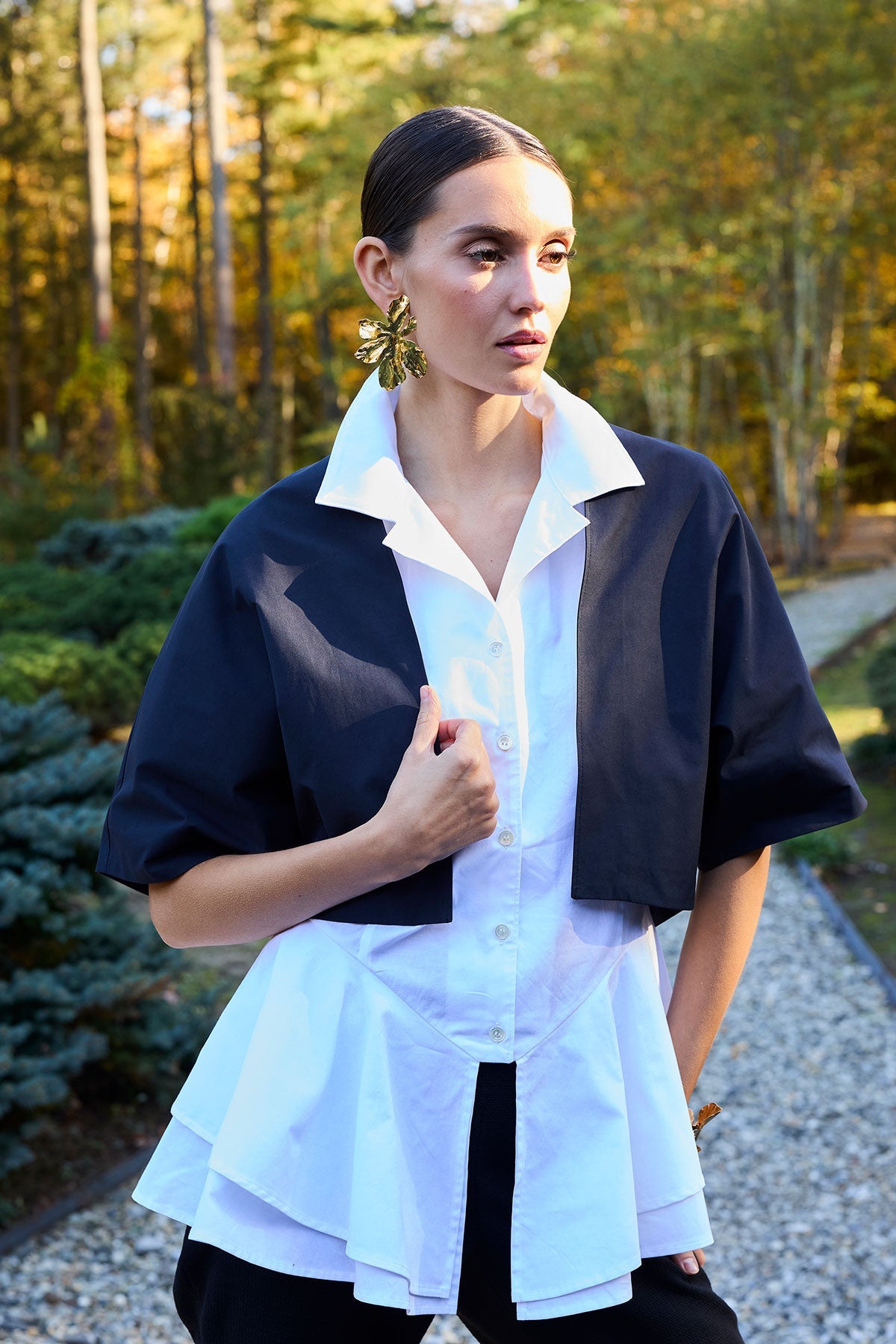 Cotton Poplin Tiered Hem Short Sleeve Shirt White