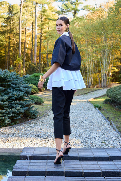 Cotton Poplin Tiered Hem Short Sleeve Shirt White