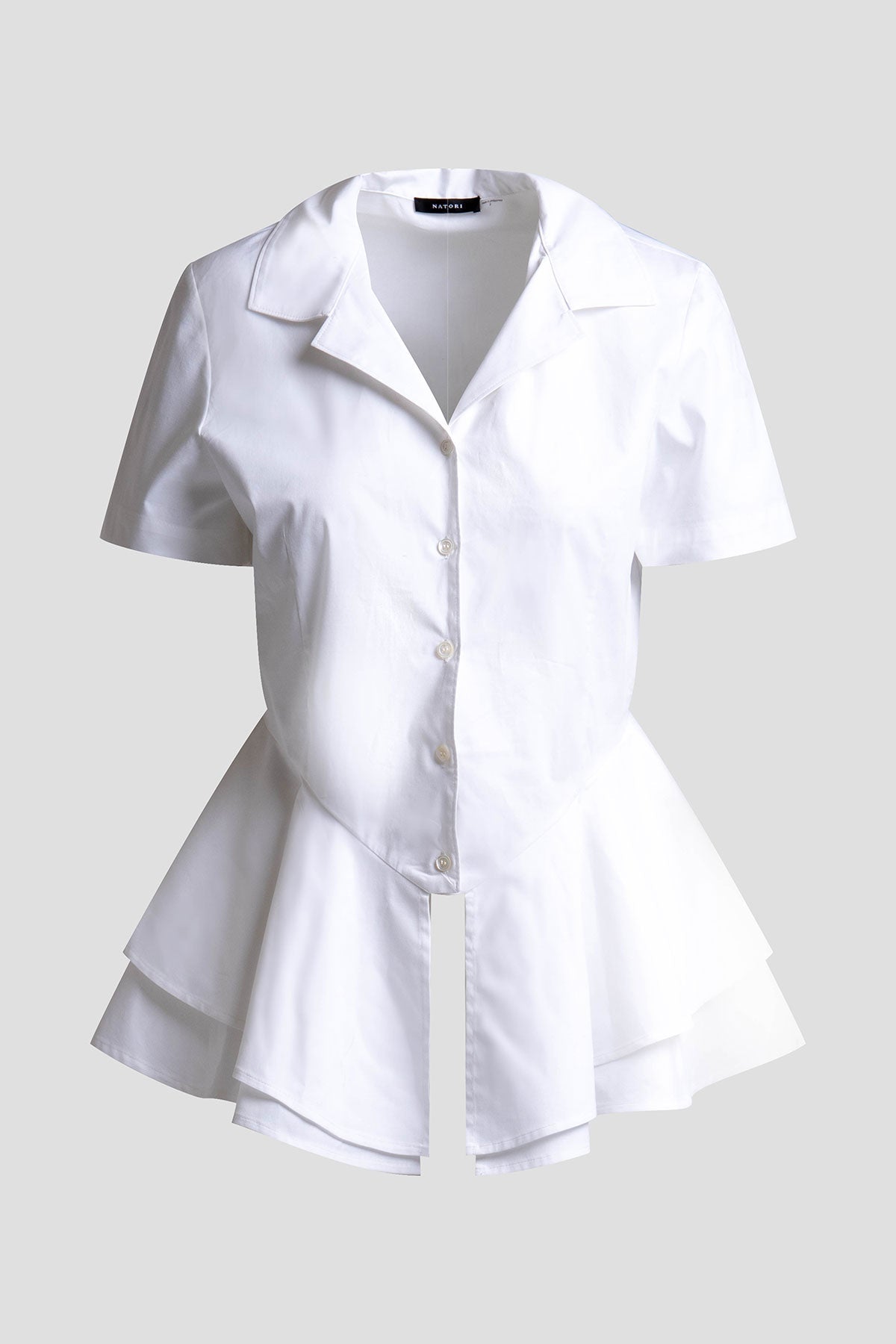 Cotton Poplin Tiered Hem Short Sleeve Shirt White