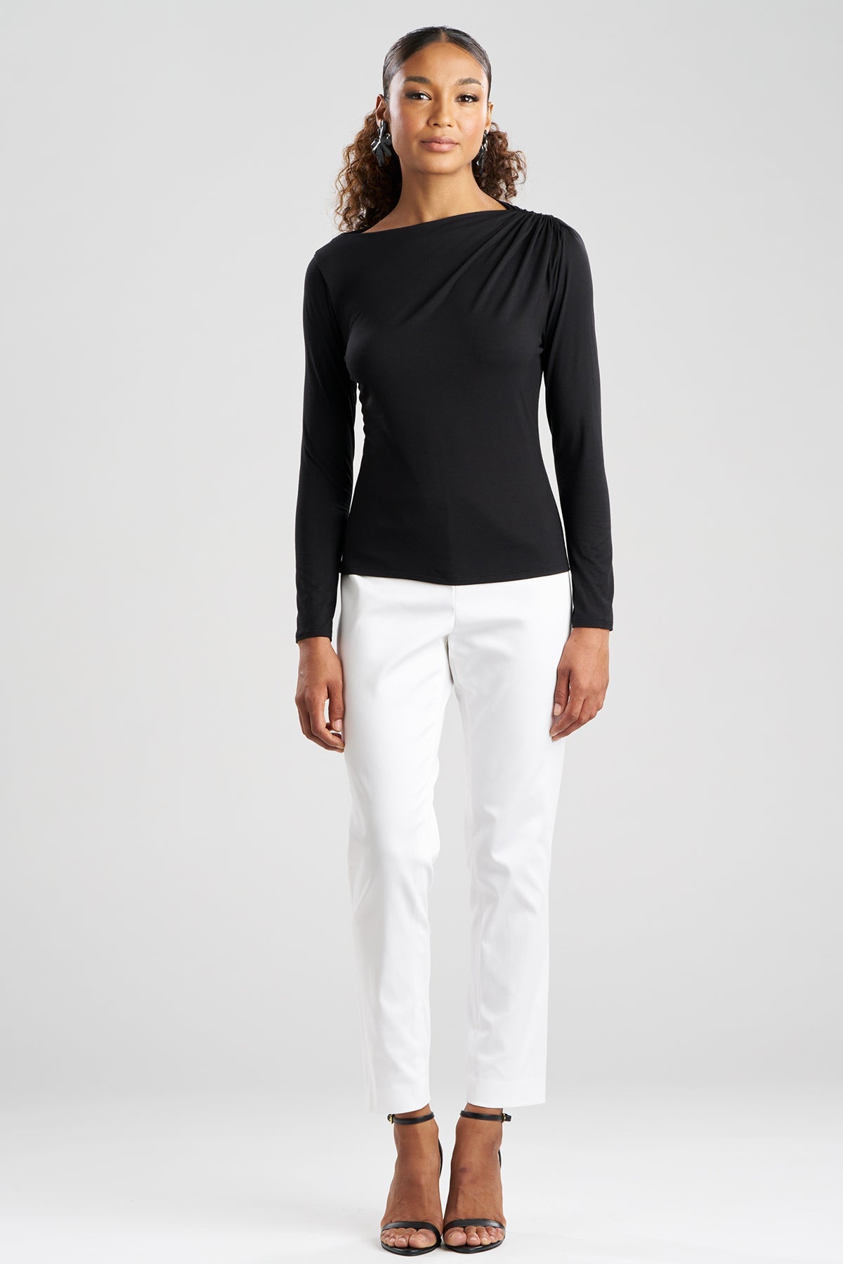 Feather Lightweight Knit Rouched Long Sleeve Top Black