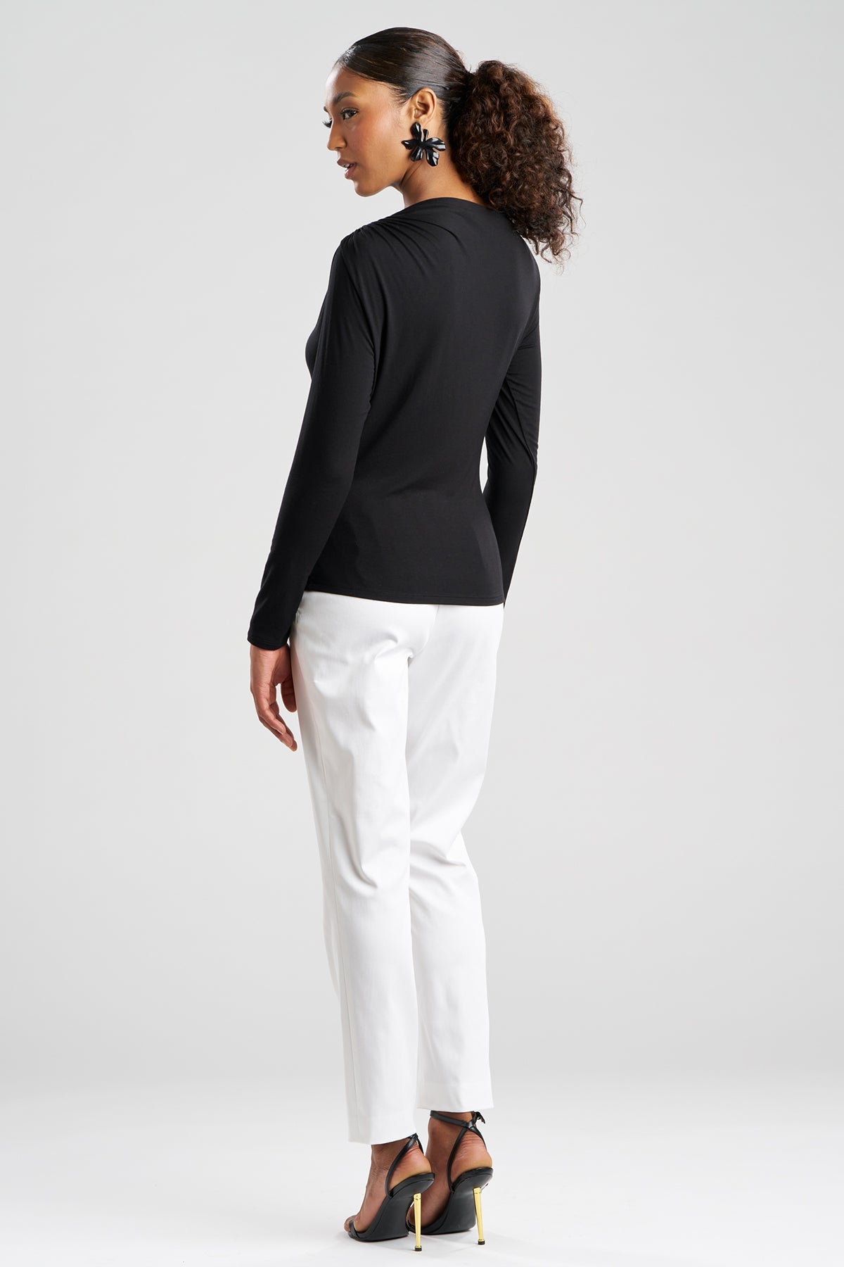 Feather Lightweight Knit Rouched Long Sleeve Top Black