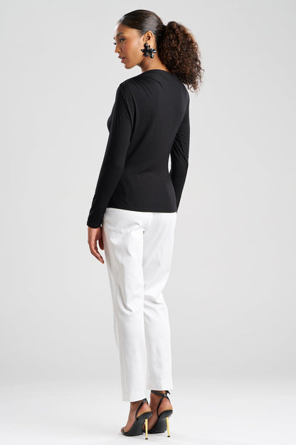 Feather Lightweight Knit Rouched Long Sleeve Top Black