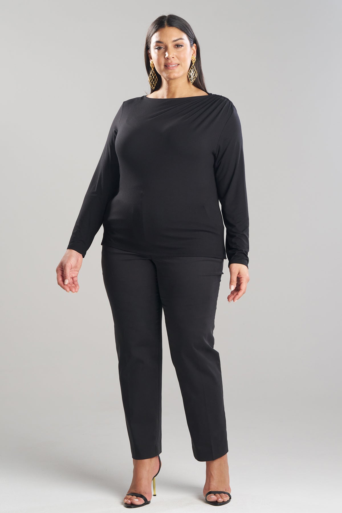 Feather Lightweight Knit Rouched Long Sleeve Top Black
