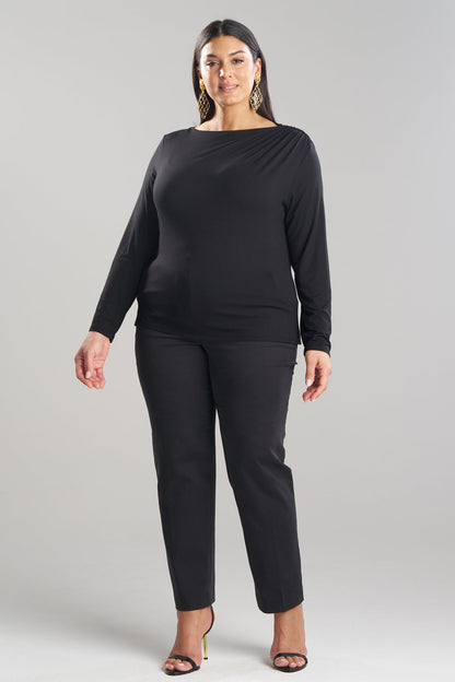 Feather Lightweight Knit Rouched Long Sleeve Top Black