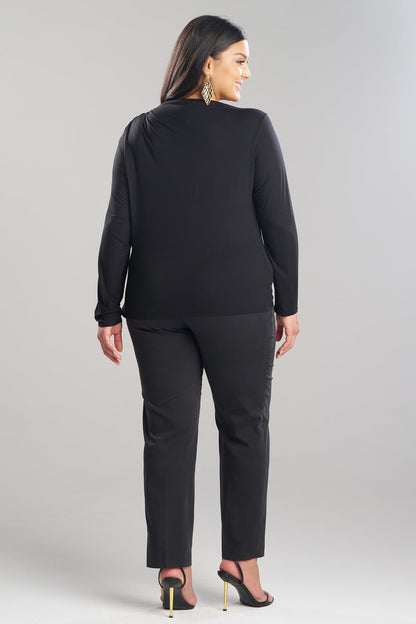 Feather Lightweight Knit Rouched Long Sleeve Top Black