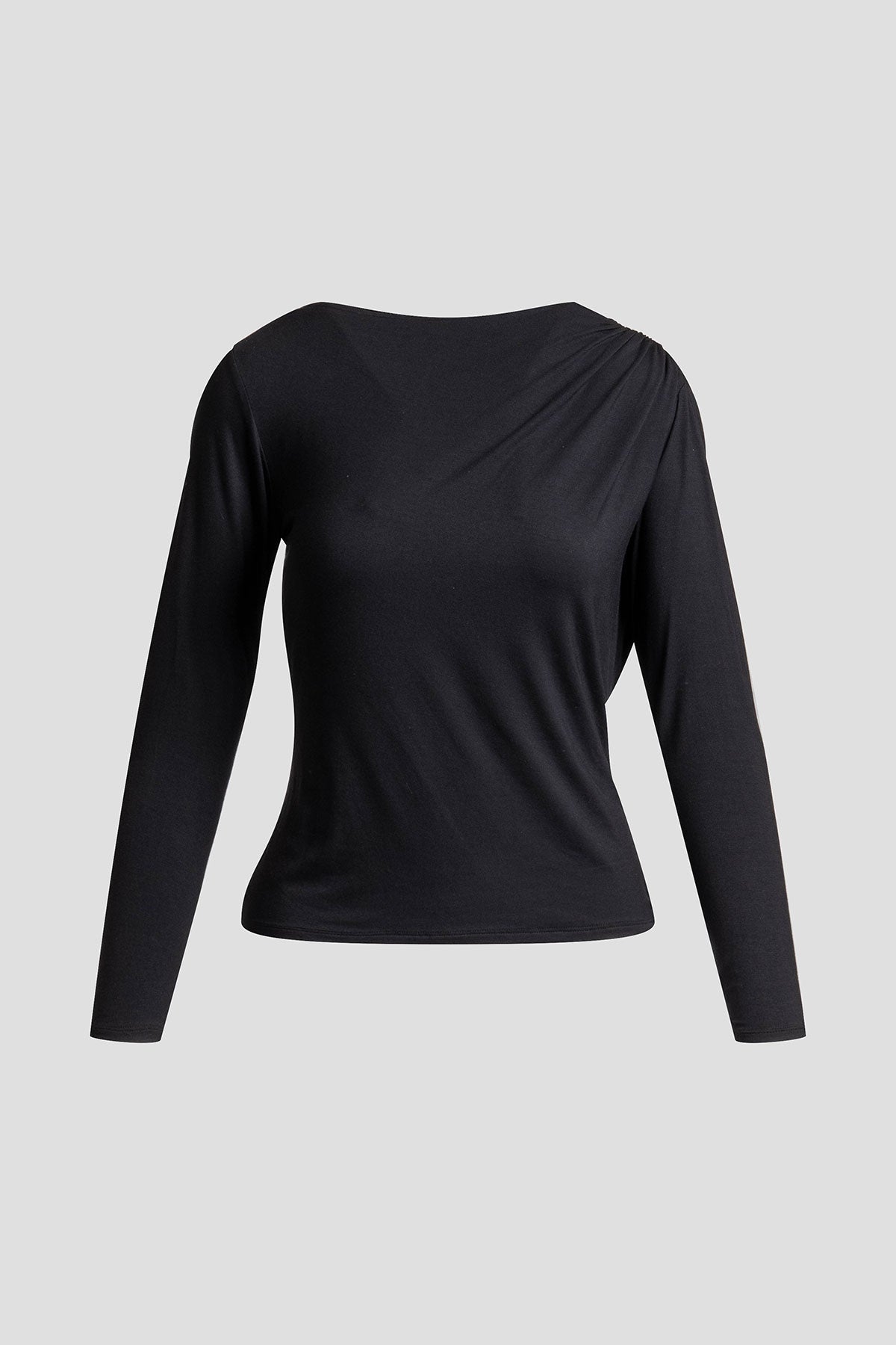Feather Lightweight Knit Rouched Long Sleeve Top Black