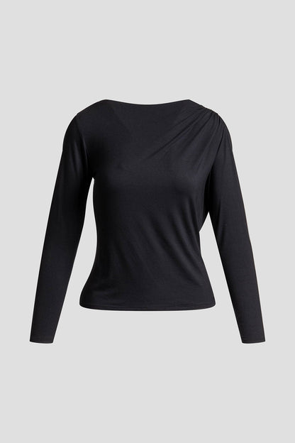 Feather Lightweight Knit Rouched Long Sleeve Top Black