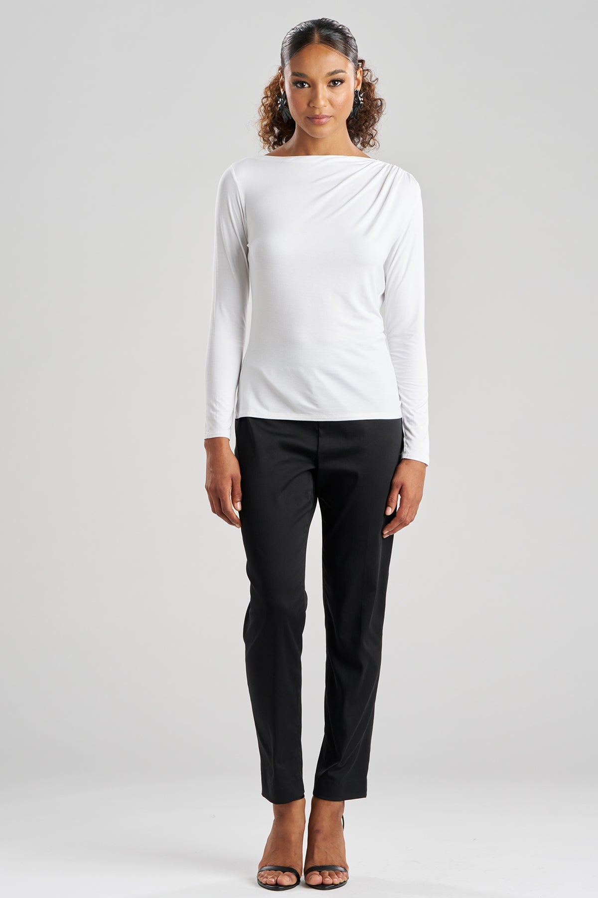 Feather Lightweight Knit Rouched Long Sleeve Top White