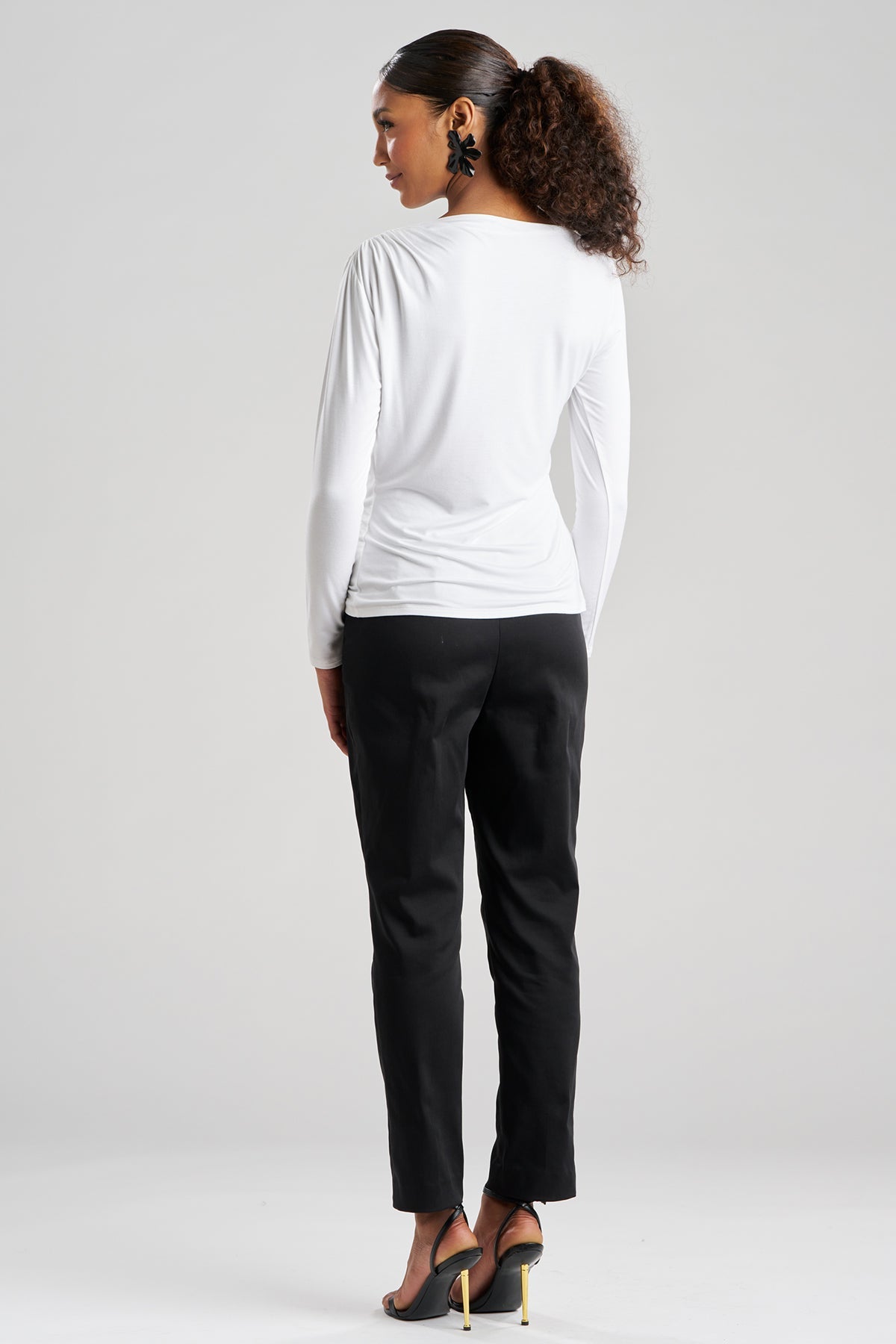 Feather Lightweight Knit Rouched Long Sleeve Top White