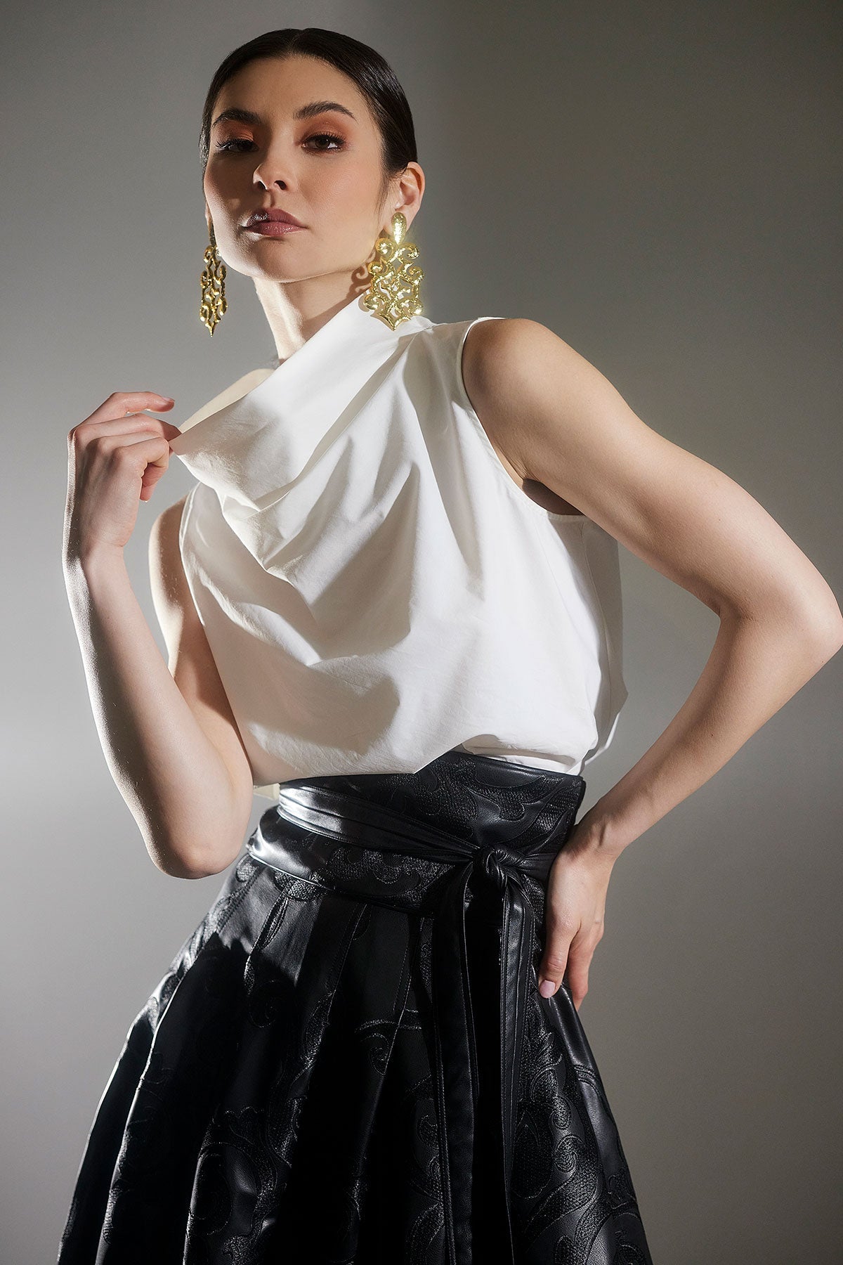 Cotton Poplin Funnel Neck Top White