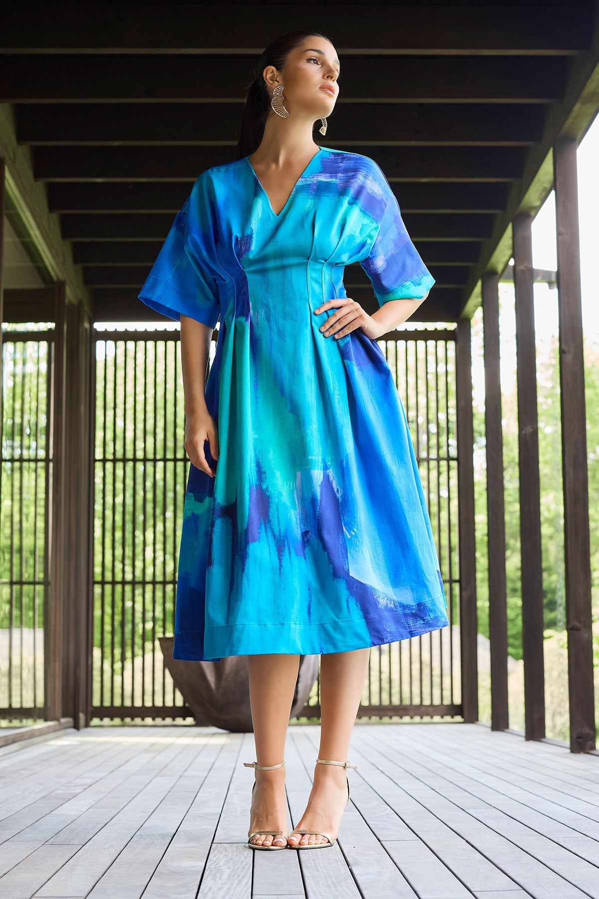 Brushstroke Cotton Chino V-Neck Pleat Release Dress Blue