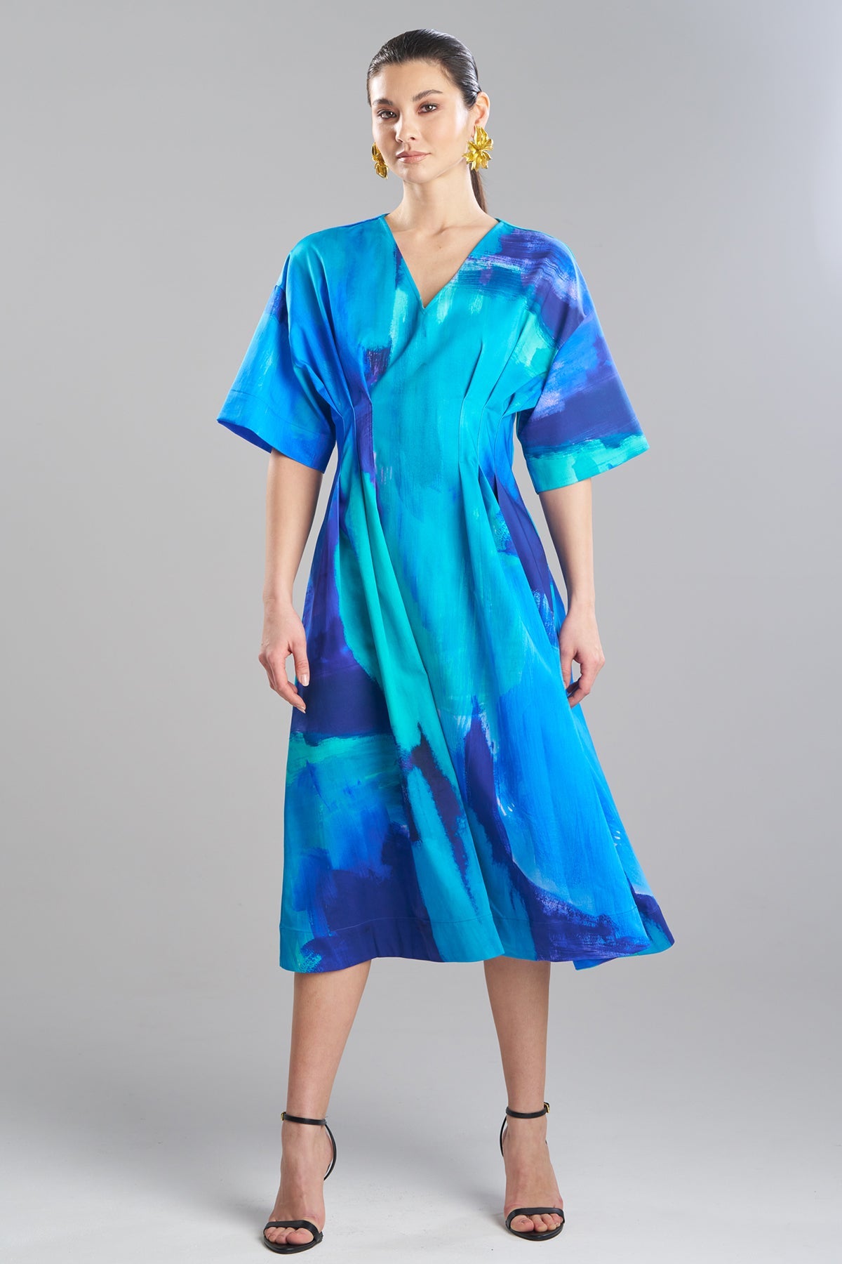 Brushstroke Cotton Chino V-Neck Pleat Release Dress Blue