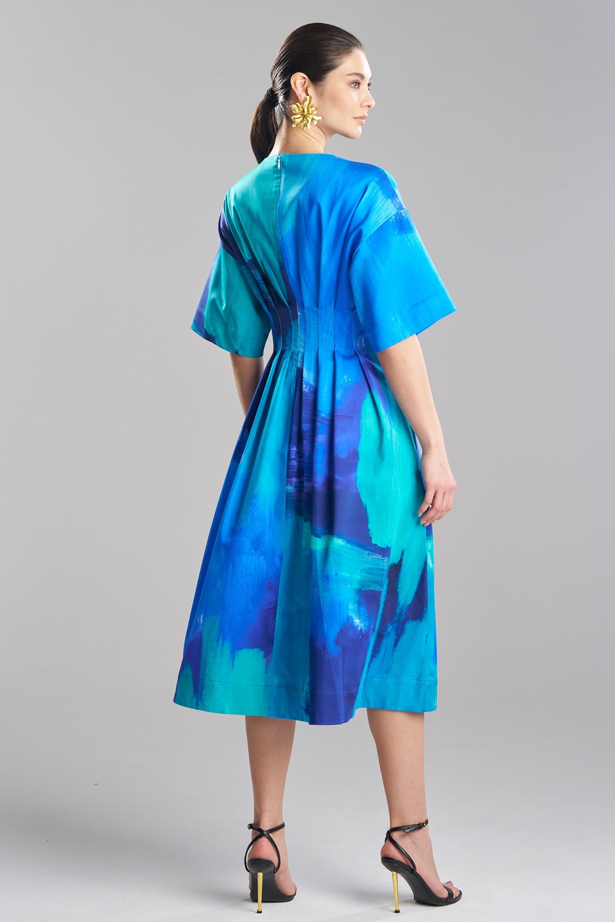 Brushstroke Cotton Chino V-Neck Pleat Release Dress Blue
