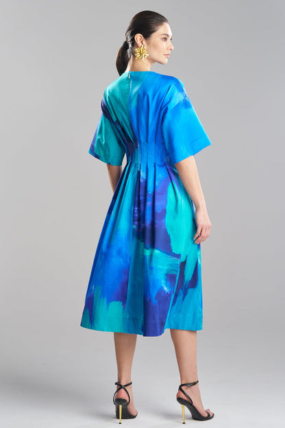 Brushstroke Cotton Chino V-Neck Pleat Release Dress Blue