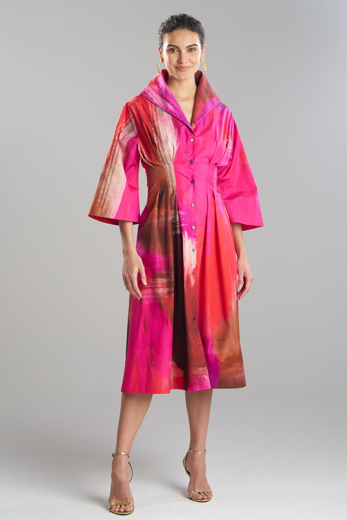 Brushstroke Cotton Taffeta Bell Sleeve Shirtdress Magenta