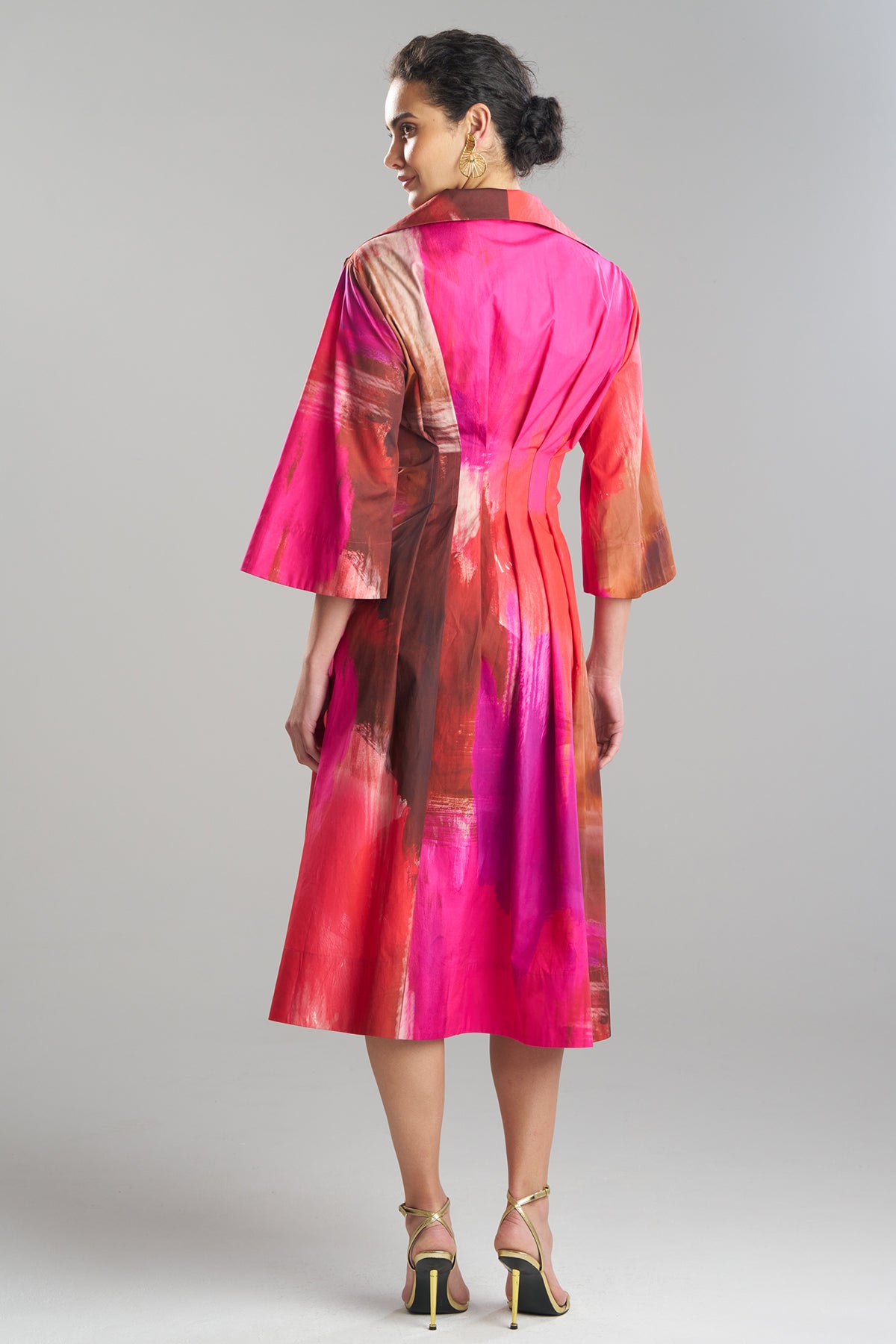 Brushstroke Cotton Taffeta Bell Sleeve Shirtdress Magenta