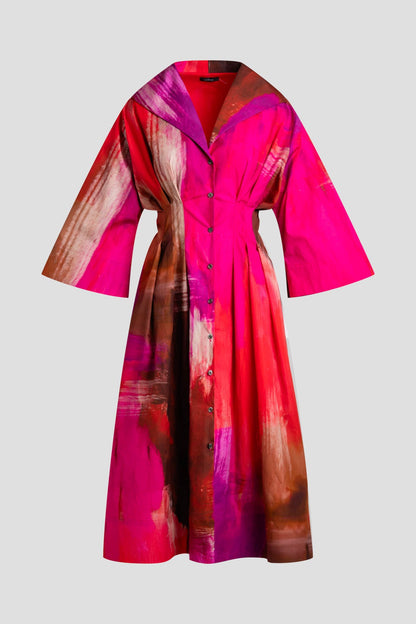 Brushstroke Cotton Taffeta Bell Sleeve Shirtdress Magenta