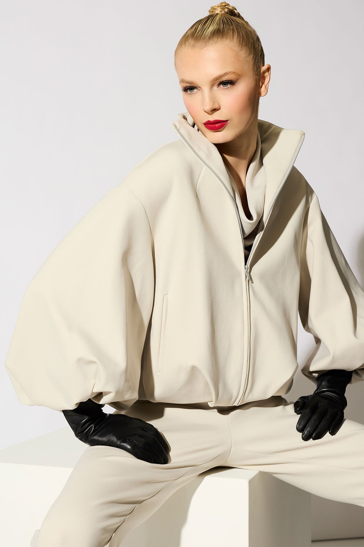 Techno Crepe Bomber Jacket Pearl