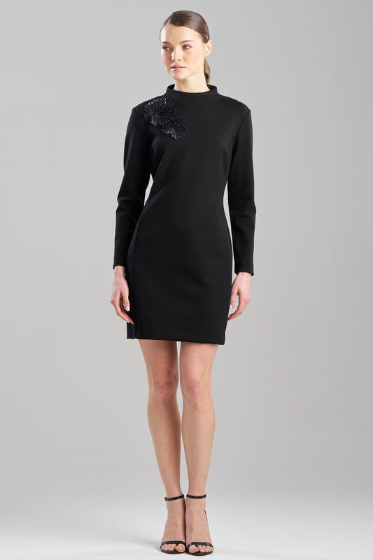 Double Knit Mock Neck Embellished Sheath Dress Black
