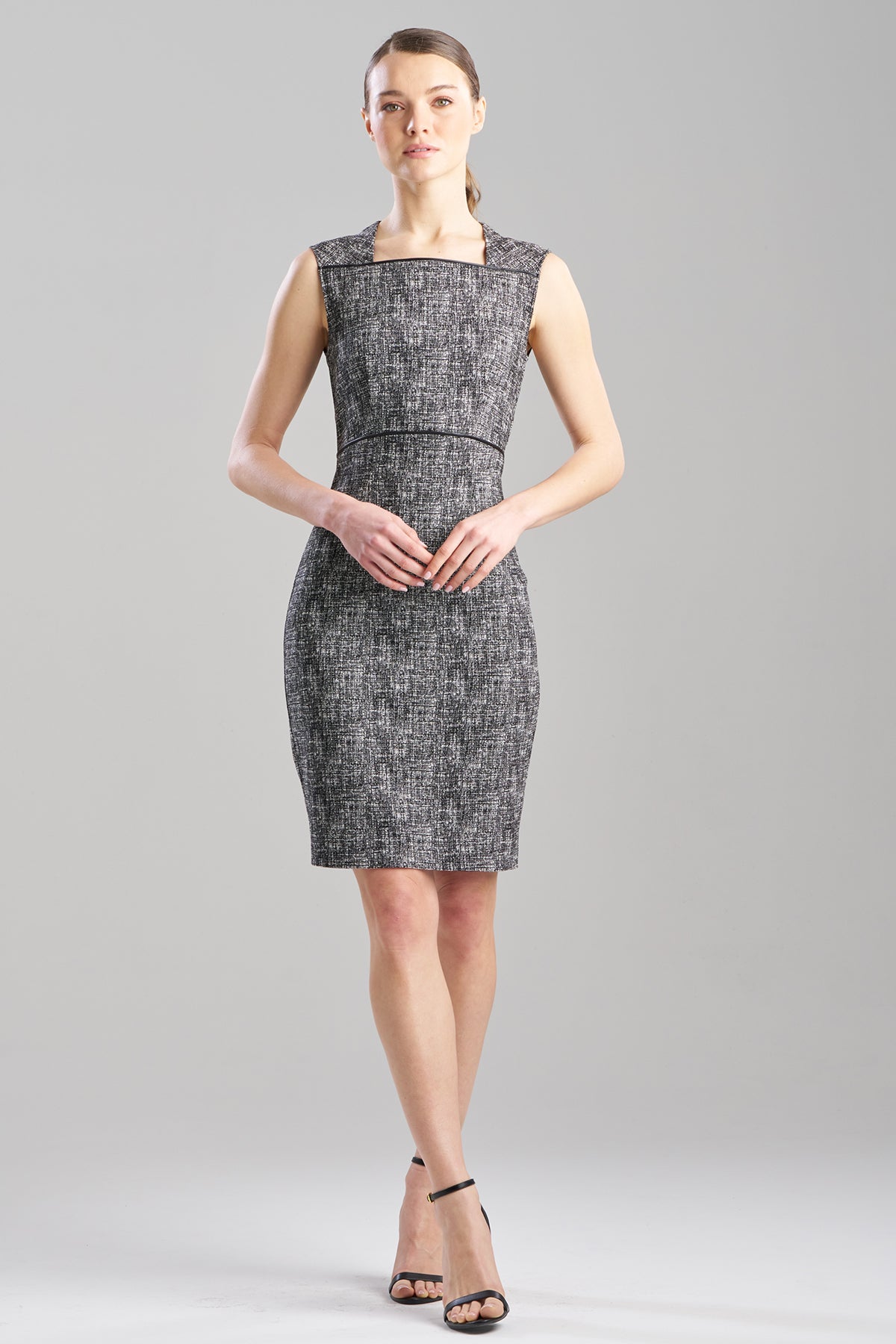 Double Weave Jacquard Square Neck Sheath Dress Black/White