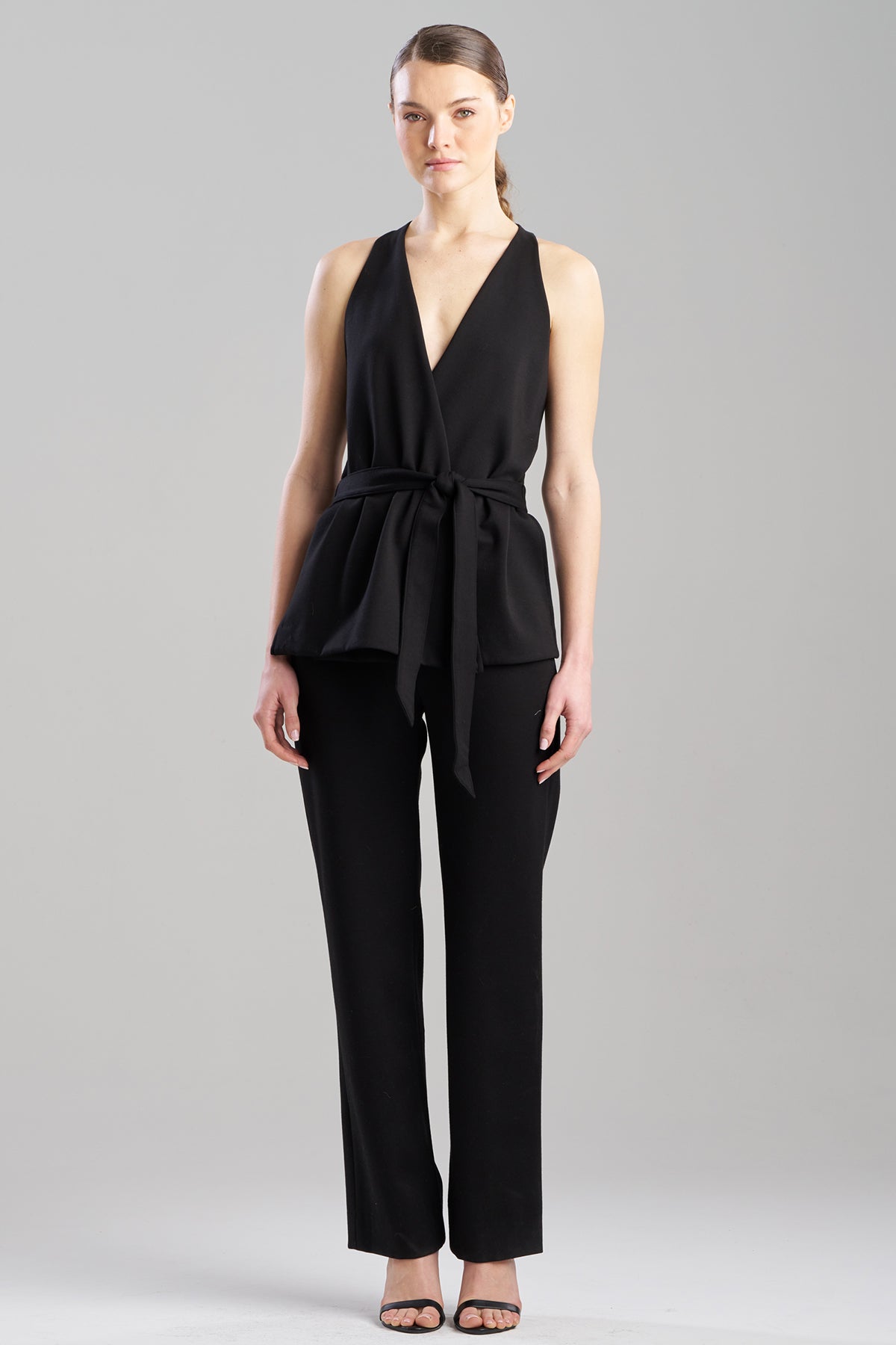 Double Knit Belted V-Neck Jumpsuit Black