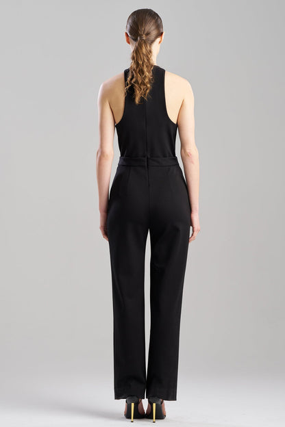 Double Knit Belted V-Neck Jumpsuit Black