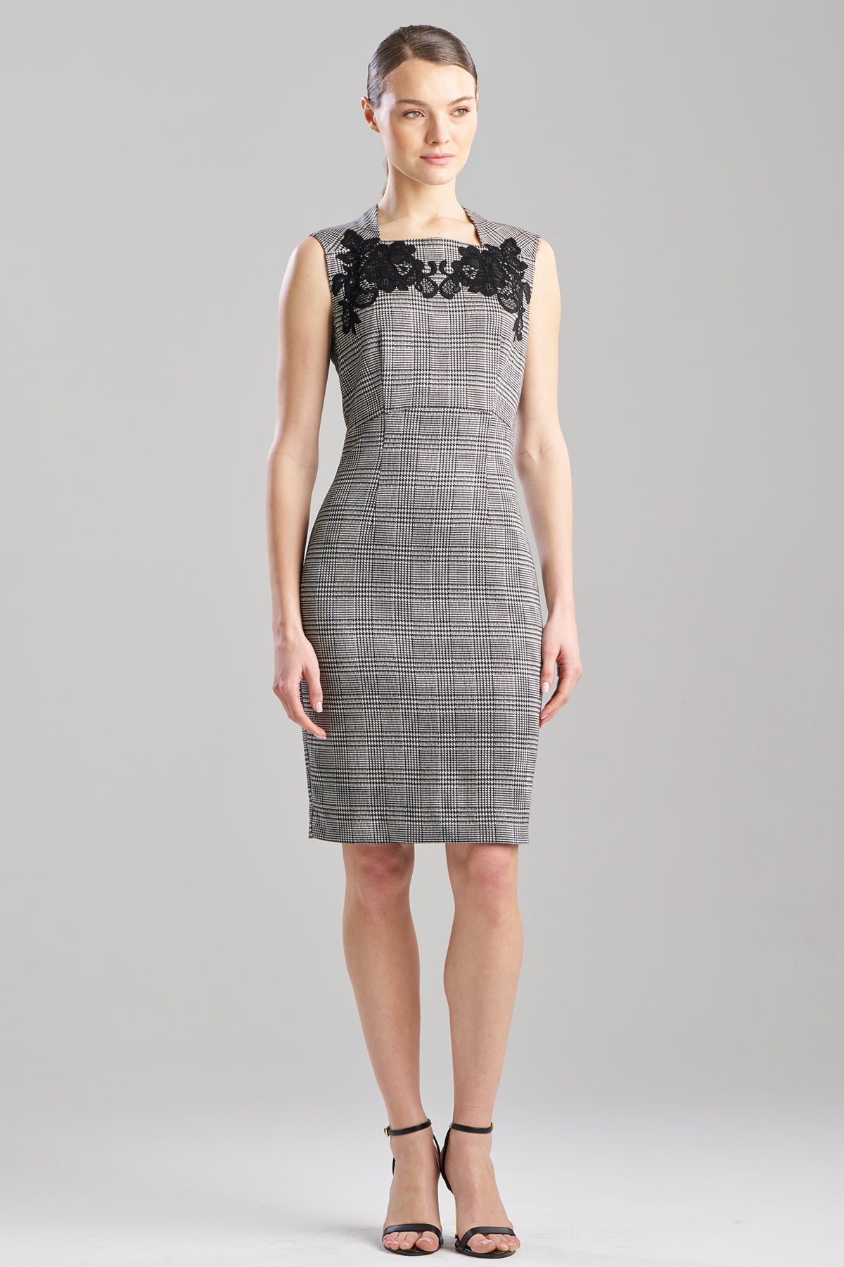 Check Lace Embellished Sheath Dress Grey/Black