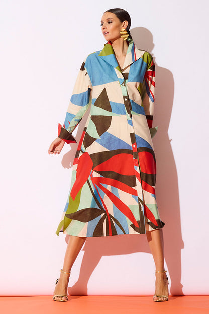 Abstract Palm Cotton Poplin Oversized Button Down Shirtdress Multi