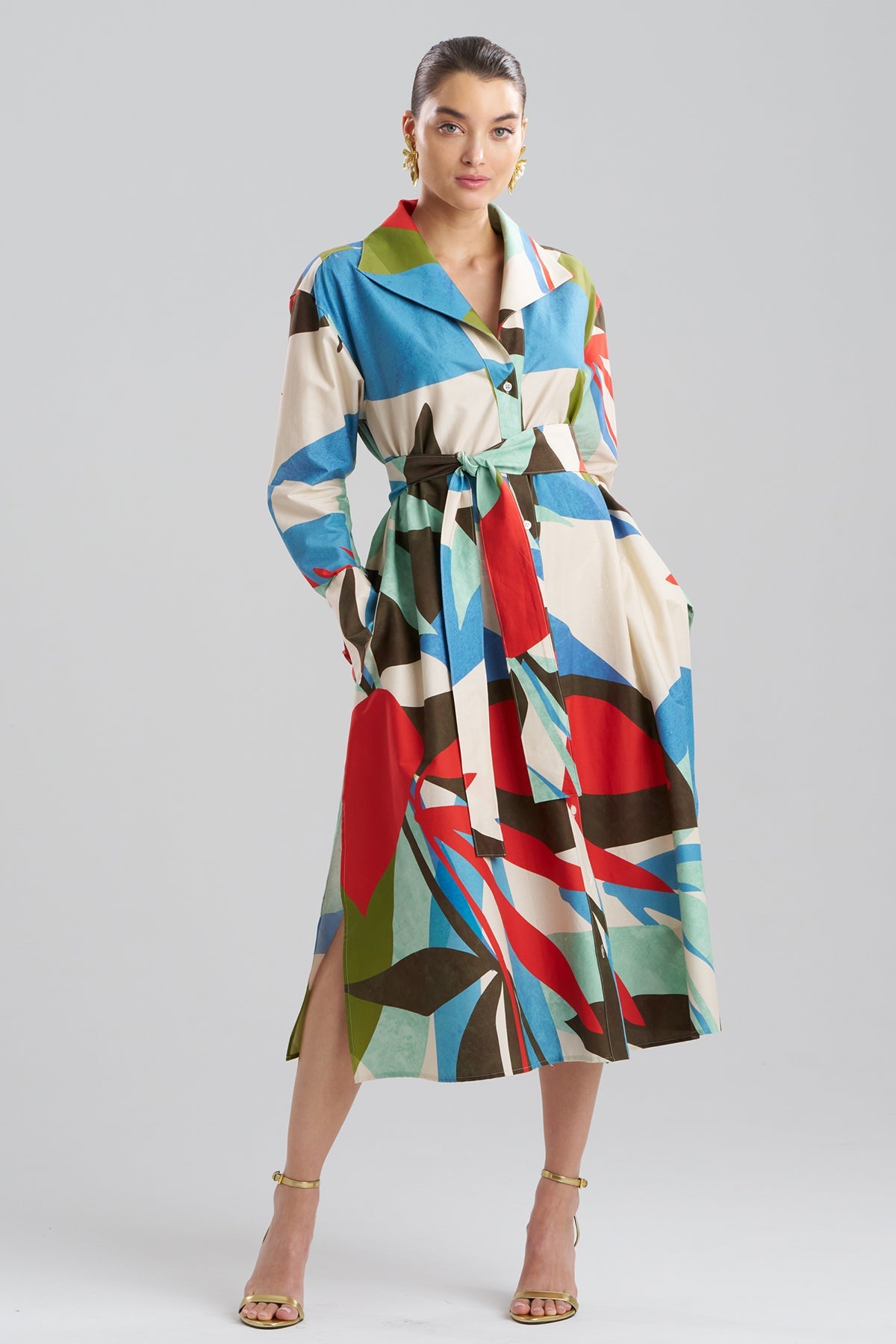 Abstract Palm Cotton Poplin Oversized Button Down Shirtdress Multi